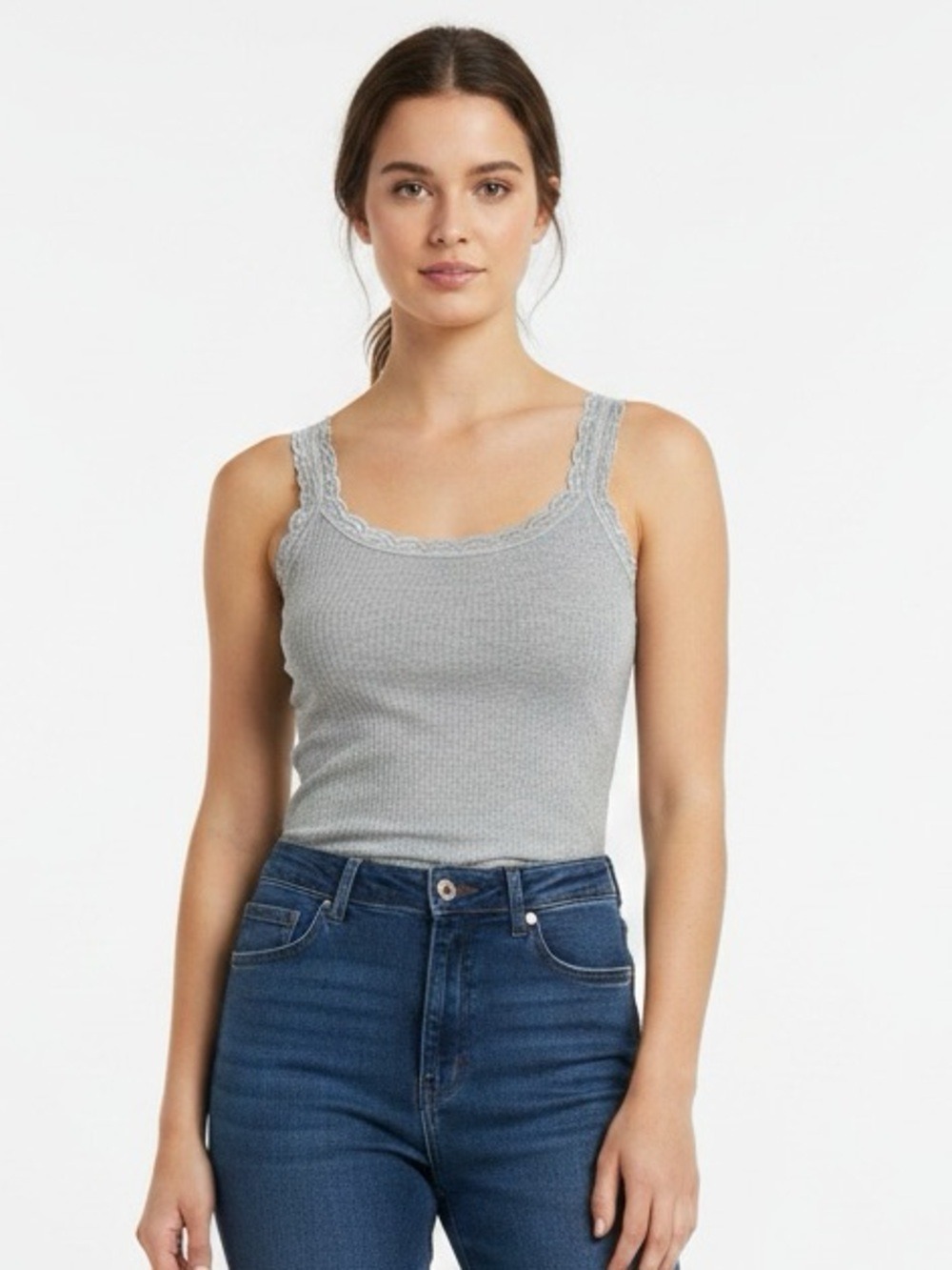 NWT Epic Threads Grey Ribbed Tank Top Lace Trim Details Women’s Size Small